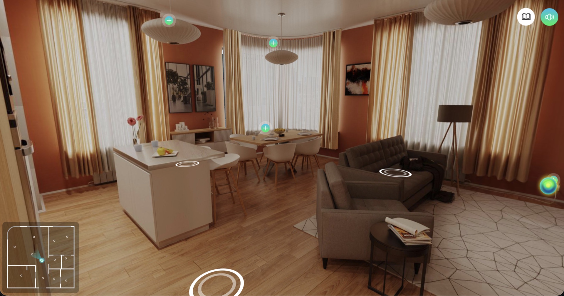 Panoramic Sber smart home 3D showroom with interactive objects